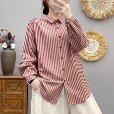 批发双层棉纱色织竖条纹复古休闲女士新款衬衫
