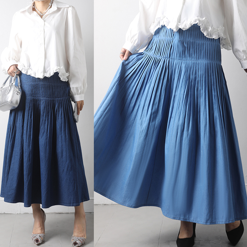 FA14552# 压褶松紧腰棉牛仔半身裙女半身长裙 服装批发女装服饰货源