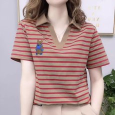 批发【棉95氨纶5潮流简约拼接翻领条纹短袖女士日常时尚休闲百搭体恤