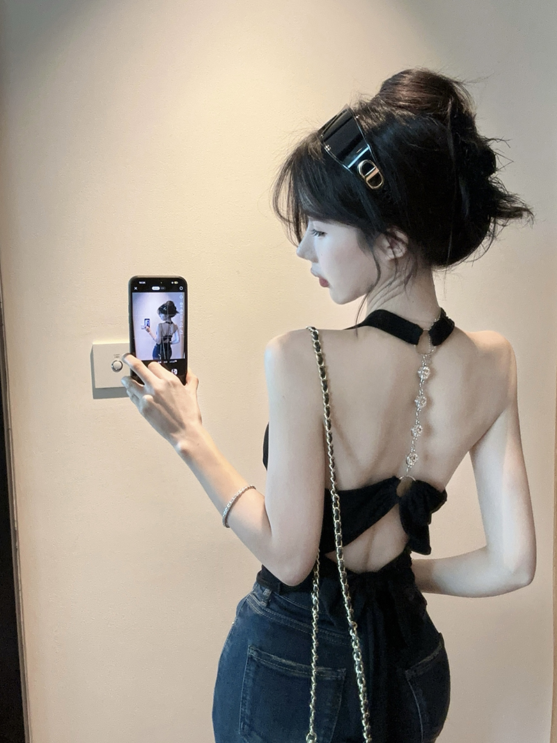 실사 정가 행침 목 스트랩 디자인 섹시함 백리스 슬립 몸매 가꾸기 민소매 순수한 욕망 짧은 맨위 2925