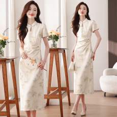 批发实拍2026夏季新款竹叶腰臀比好美收腰新中式国风旗袍<b class='q'>连衣裙</b>
