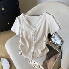 实拍 设计感拼接蕾丝V领短袖正肩收腰T恤女新款修身开衫上衣