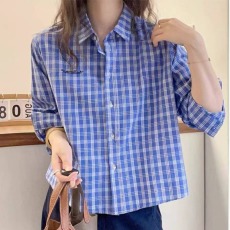 批发韩版春夏字母刺绣格子衬衫chic短款休闲打底小众设计感衬衣女上衣