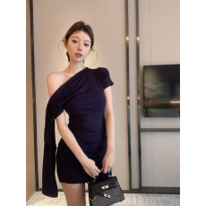 批发实拍实价 辣妹飘带斜领短袖连衣裙女春夏季收腰修身显瘦包臀裙子