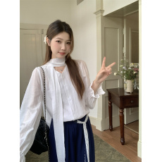 批发实拍~大码气质白色飘带V领喇叭袖衬衫蕾丝系带藏蓝色高腰阔腿裤