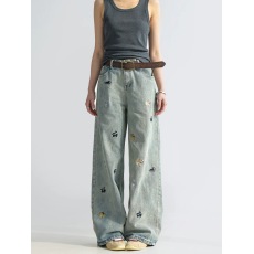 批发童趣小狗刺绣<b class='q'>牛仔裤</b>女阔腿宽松拖地裤高腰显瘦直筒裤