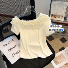 批发实拍法式荷叶边订珠拼接一字肩短款上衣修身套头洋气短袖<b class='q'>t</b><b class='q'>恤</b>