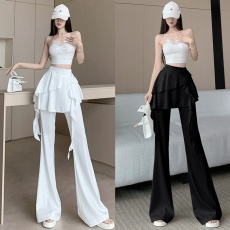批发荷叶边假两件微喇叭裤裙女春夏2025新款时尚洋气高腰休闲<b class='q'>拖地</b>长裤