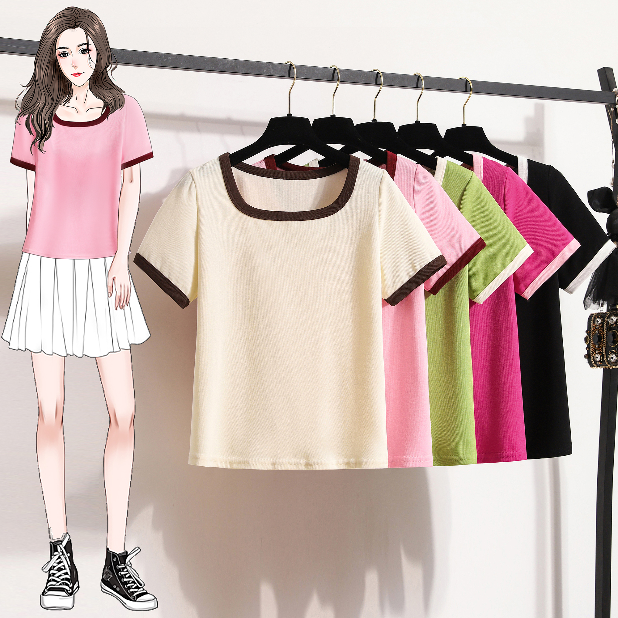 RY4019# 大码夏季正肩遮肉显瘦短袖t恤女U领闲撞色短款上衣