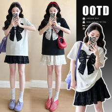 现实拍 夏装新款时尚洋气短袖T恤半身裙裤裙孕妇套装两件