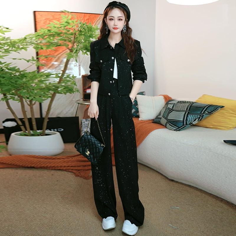 韩版复古亮片套装女秋季新款减龄短款上衣阔腿裤两件套 服裝批發女裝批發服飾貨源