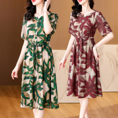 批发2026夏新款<b class='q'>大码</b><b class='q'>女</b>装短袖印花<b class='q'>连衣裙</b>遮腹显瘦中年妈妈时尚洋气裙子