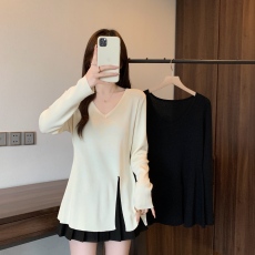 批发实价实拍2026春装新款胖mm<b class='q'>大码</b>女温柔v领开叉不规则<b class='q'>针织</b>长袖上衣