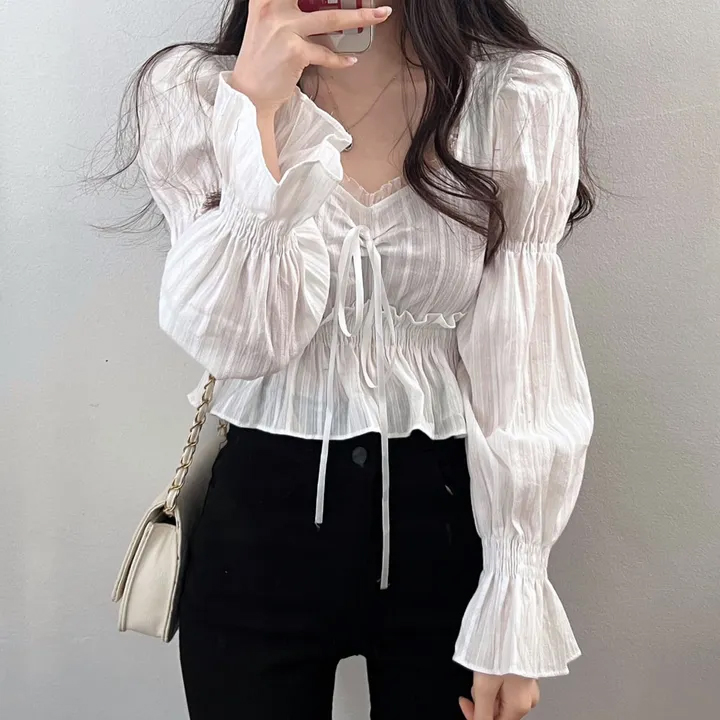 있음 선적 레이스 레이스 칼라 패치워크 허리 수축 쇼트 스타일 작은 셔츠