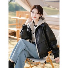 批发2026今年流行爆款新款又酷又飒的美式复古连帽黑色皮衣外套女初<b class='q'>春</b>