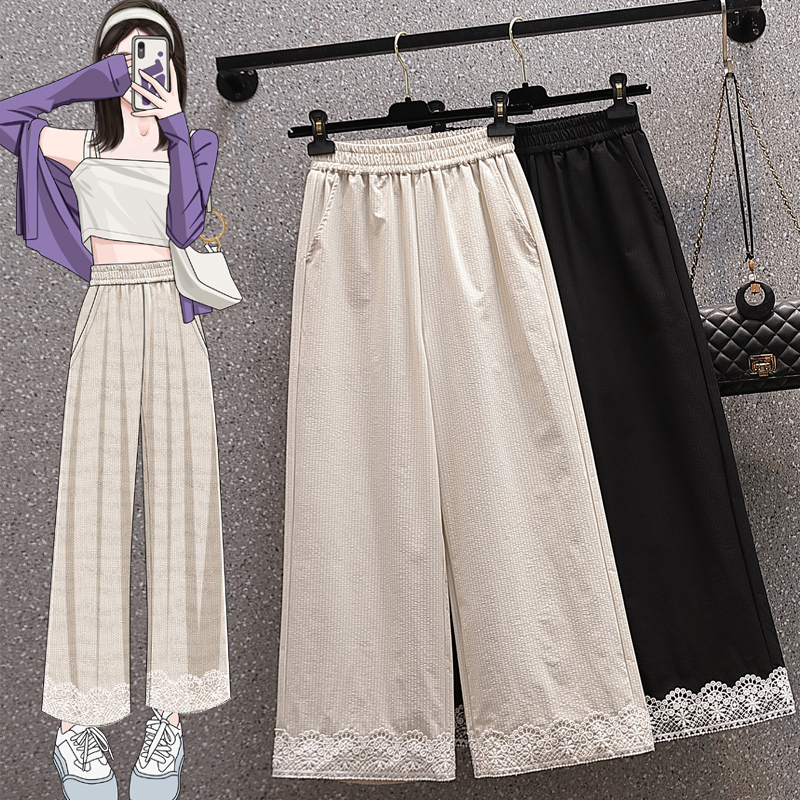 RY2089# 实拍夏新款大码宽松阔腿薄款九分蕾丝女裤胖MM松紧腰显瘦直筒裤