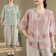 批发实拍2026韩版大码显瘦印花文艺复古<b class='q'>衬衣</b>棉麻刺绣休闲<b class='q'>裤</b>夏季套<b class='q'>装</b>女
