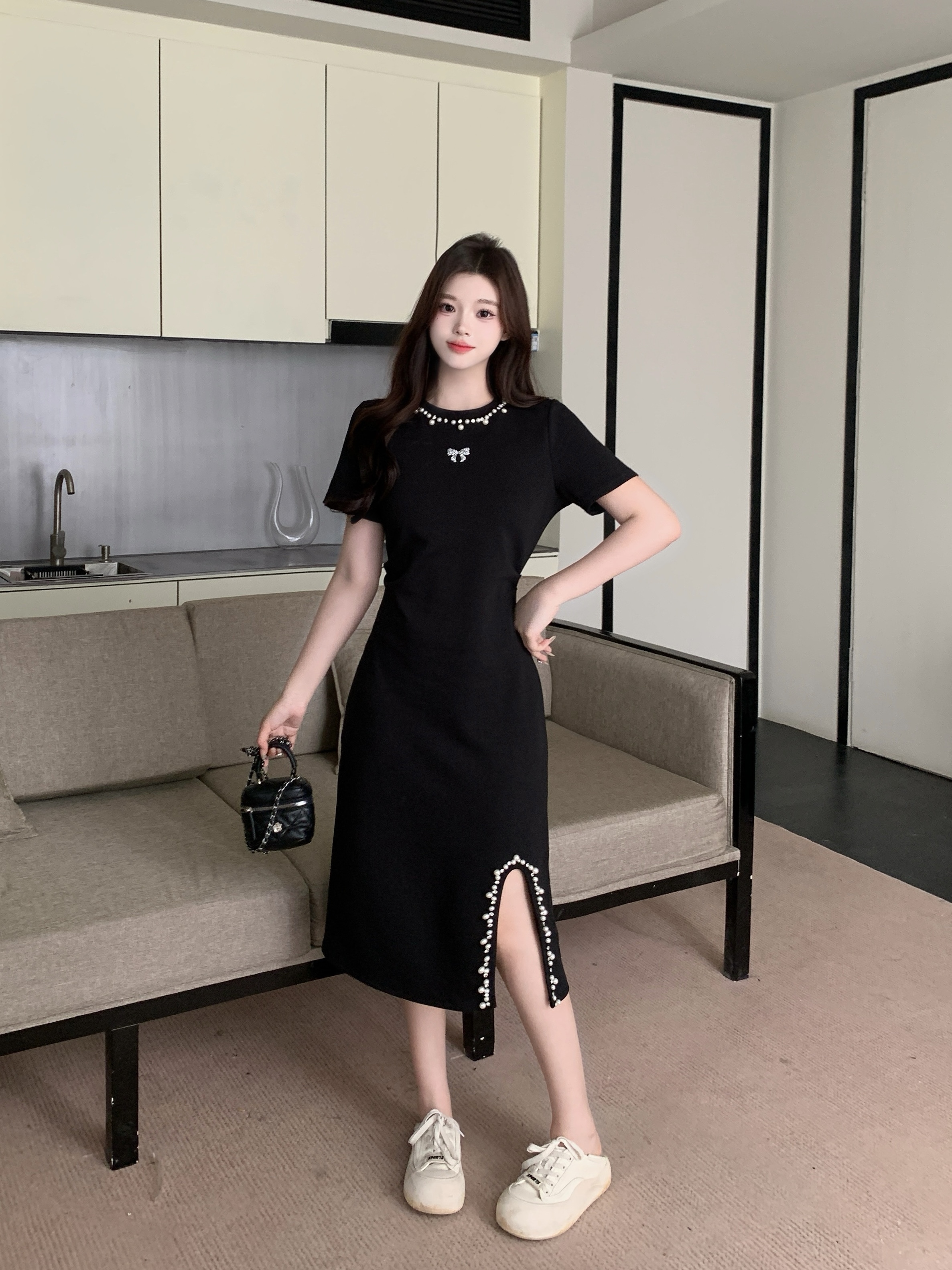 FA31581# 新款胖MM夏款时尚钉珠设计感小众显瘦百搭气质连衣裙 服裝批發女裝批發服飾貨源