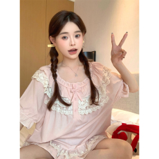 批发实拍韩版<b class='q'>夏季</b>新款公主风蕾丝拼接花边纯欲家居服套<b class='q'>装</b>短袖睡衣