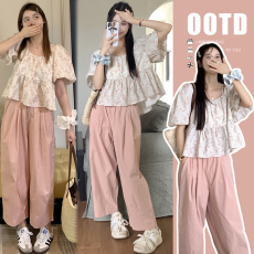 批发夏款法式碎花娃娃衫方领泡泡袖上衣+<b class='q'>休闲</b>宽松孕妇裤