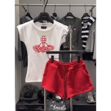 批发全棉套装圆领蛇形环绕土星<b class='q'>印花</b>T恤+红色<b class='q'>短裤</b>休闲套装女
