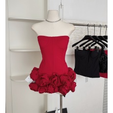 批发ChiclyNana欧美风<b class='q'>一字肩</b>抹胸连衣裙红色花朵性感鱼骨轻礼服包臀裙