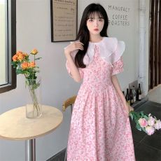 批发2026夏季新款小清新甜美荷叶边娃娃领短袖碎花收腰中长连衣<b class='q'>裙</b>女薄