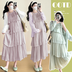 批发实拍2026春夏新款孕妇装<b class='q'>时尚</b>潮妈显瘦蛋糕裙+防晒披肩两件套