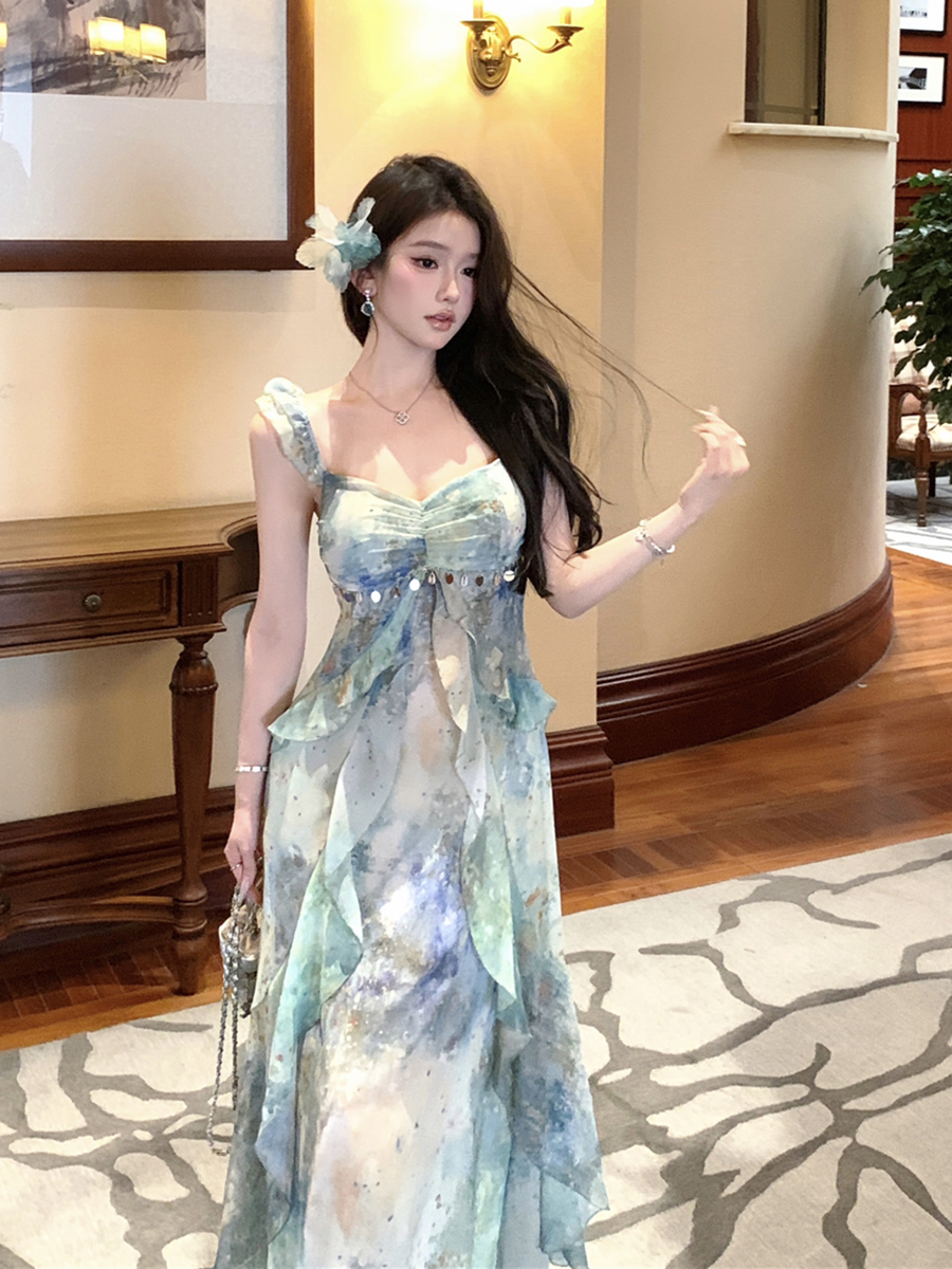 실사 레트로 섹시함 V넥 슬립 품격 허리 수축 슬림해 보이는 드레스 롱 스커트 여성