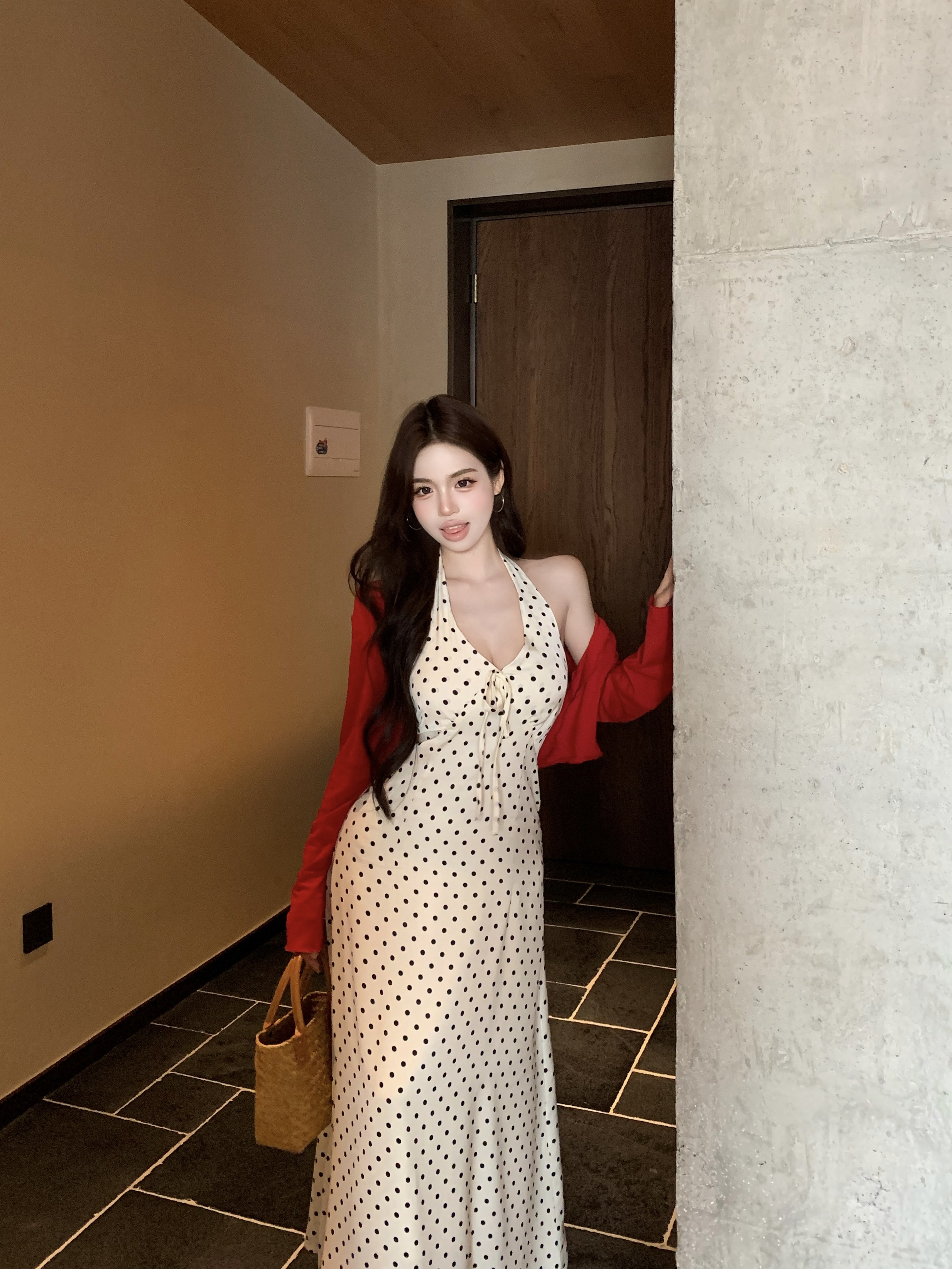 실사 정가 폴카 휴일 프랑스식 행침 목 살구 색상 도트 무늬 드레스