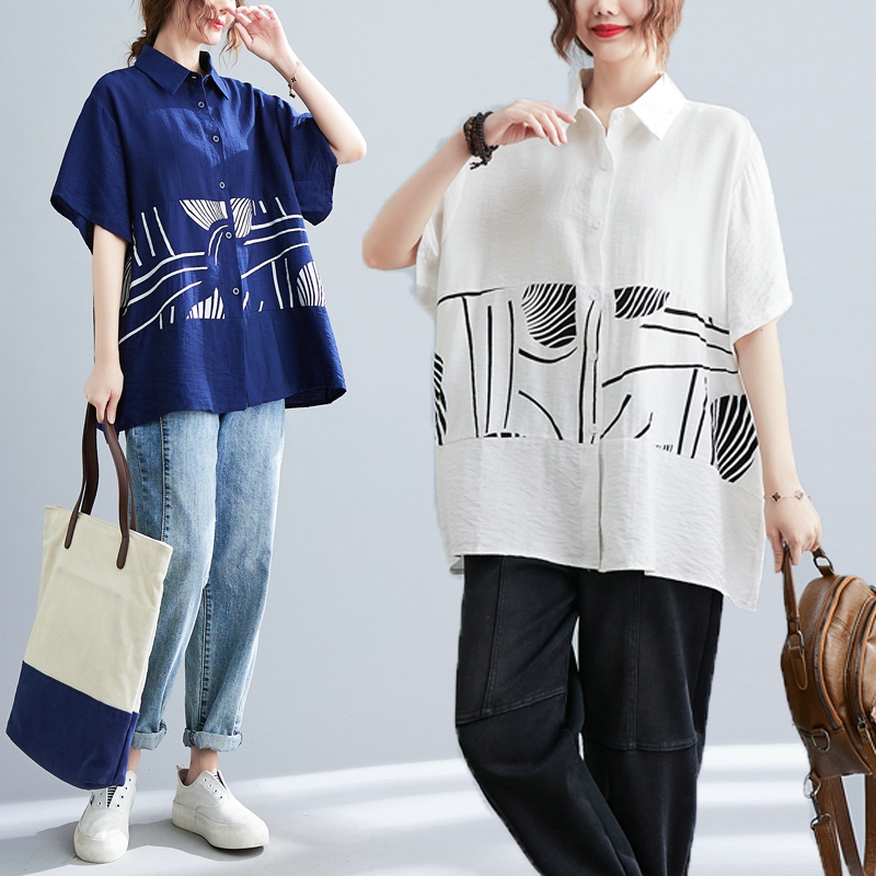 RY2589# 实拍2026新款胖mm文艺拼接大码衬衫短袖T恤上衣女