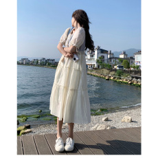 批发假两件连衣裙夏女新款法式温柔风条纹马甲拼接茶歇<b class='q'>长裙</b>