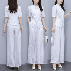 批发实拍新中式国风改良袍旗套装女2026年夏季新款轻奢阔腿裤两件套