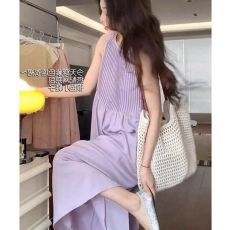 批发气质无袖<b class='q'>连衣裙</b>女夏宽松显瘦压褶小个子紫色长裙<b class='q'>背心裙</b>