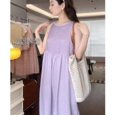 批发气质无袖连衣裙女夏宽松显瘦压褶小个子紫色<b class='q'>长裙</b><b class='q'>背心</b>裙