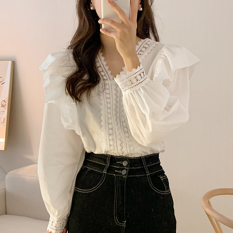 한국 chic 프랑스식 품격 레이스 레이스 V넥 패치워크 프릴 루즈핏 캐주얼 거품 소매 셔츠