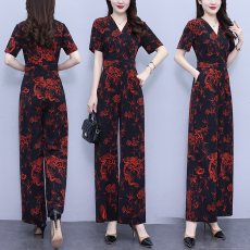 批发实拍2025年春夏短袖<b class='q'>雪纺</b>印花阔腿裤超修身时尚长裤套装<b class='q'>连体裤</b>