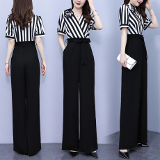 批发实拍2025年夏条纹短袖时尚手工玫瑰花阔腿裤高腰<b class='q'>雪纺</b><b class='q'>连体裤女</b>