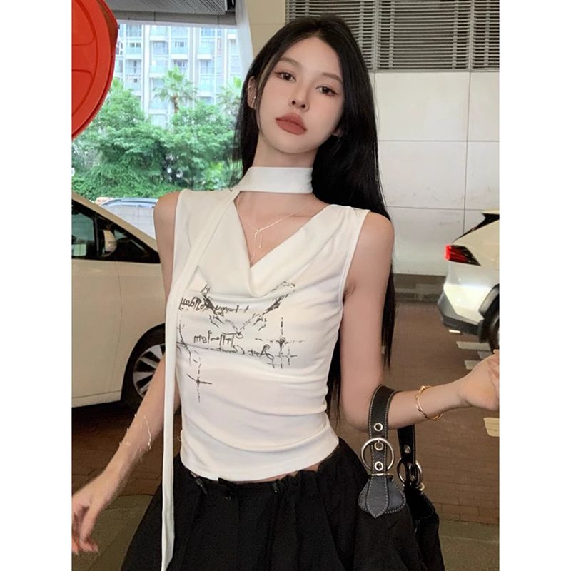 FA12921# 彩棉罗纹印花荡领纯欲性感无袖挂脖吊带小背心 服裝批發女裝批發服飾貨源