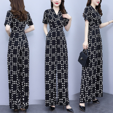 批发实拍2025年春夏季超修身<b class='q'>雪纺</b>阔腿长裤V领时尚波点套装<b class='q'>连体裤</b>