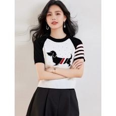 批发实拍有2026夏季新款烫钻撞色小狗冰丝针织衫