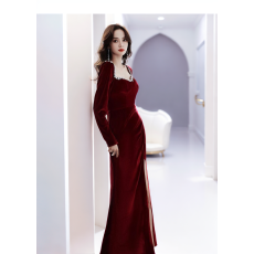 批发丝绒鱼尾敬酒服新娘酒红色高级感冬季长袖结婚晚礼服女订婚连衣裙