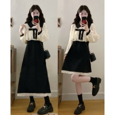 批发2026实拍<b class='q'>大码</b>女装春装法式衬衫娃娃领蝴蝶结设计显瘦假两件连衣裙