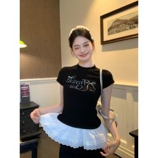 批发蝴蝶结烫钻花边黑色短袖t恤女夏季修身显瘦正肩短款上衣<b class='q'>潮</b>