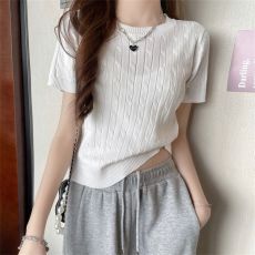 批发复古圆领短袖t恤针织衫女<b class='q'>薄</b>款设计感小众别致修身短款上衣冰爽丝