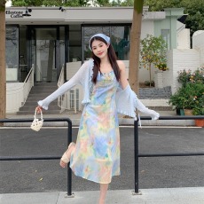 批发实拍大码女装2026夏季新款法式茶歇气质印花吊带裙＋针织<b class='q'>开衫</b>套装