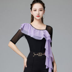 批发瑜伽<b class='q'>服</b>连体衣中袖T恤女拉丁跳舞蹈荷叶披肩上衣现货自家工厂