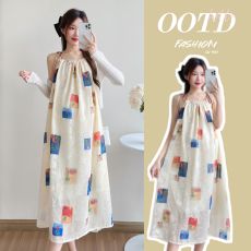 批发实拍大货~椰椰树夏假日手工七彩流苏吊带印花<b class='q'>连衣裙</b>搭白色披肩