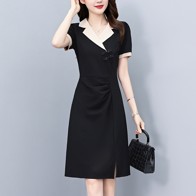 MY5180# 条纹职场气质修身显瘦大码女装胖mm胖妹妹夏季新款短袖连衣裙拼色女裝貨源服裝批發