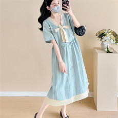 批发实拍~孕妇夏季韩版气质条纹V领法式蕾丝绑带蝴蝶结大码连衣裙